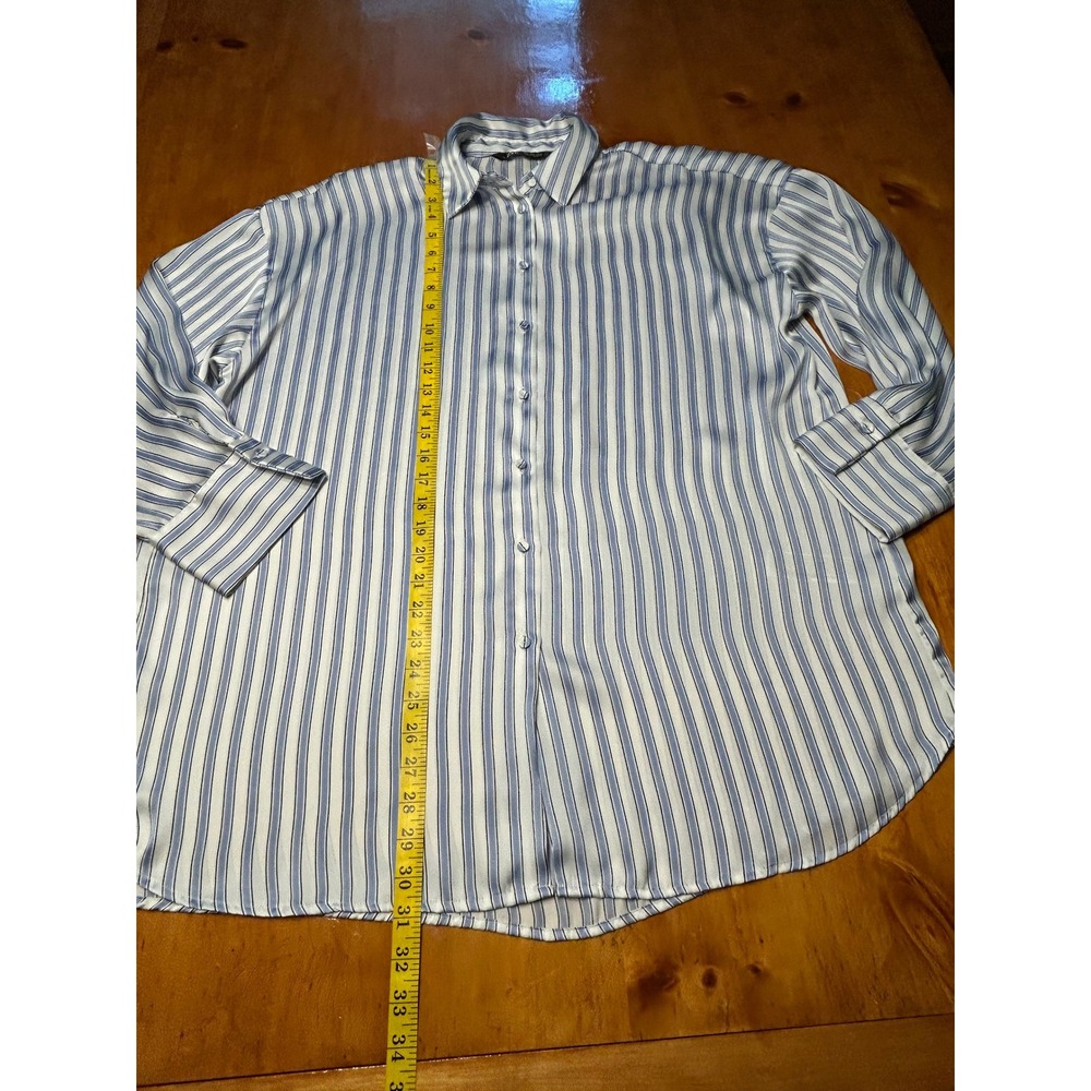 Zara Old Money Nautical Blue White Striped Satin Oversized Button Down Top - Picture 4 of 13